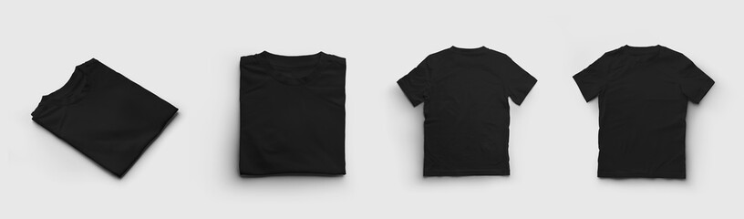 Mockup of a black children's t-shirt, a folded cotton shirt from the front, back, diagonally, isolated on the background. Set.