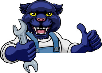 A panther cartoon animal mascot plumber, mechanic or handyman builder construction maintenance contractor peeking around a sign holding a spanner or wrench and giving a thumbs up
