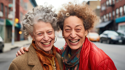 Fashionable and beautiful female twins posing near stylish restaurant outdoors. Two women wearing stylish looks, smiling at camera.