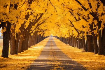 A picturesque road meanders gracefully through a riot of autumn hues, ensconced beneath a warm canopy of golden leaves