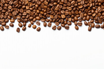 Coffee beans at the top of the screen isolated on a white background with space for inscriptions, text or logos. generative ai
