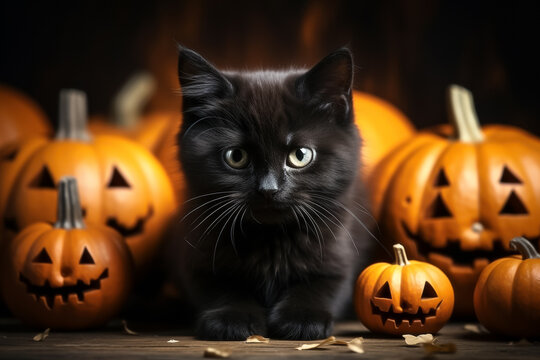 Cute black cat and pumpkins on wooden table. Halloween background