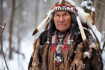 Portrait of native american indian with tribal headdress in winter forest.