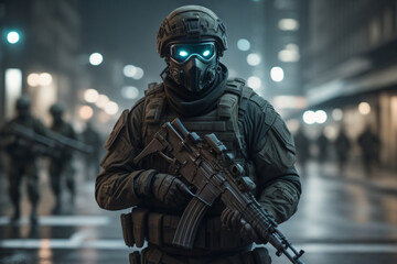 Army soilder who wear black tactical closes with a nocturn vision. AI Generative	