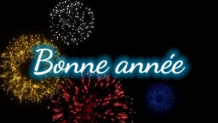 2026 Bonne Annee french text. Happy New Year 2026, luxury fireworks greeting for holiday animated video
