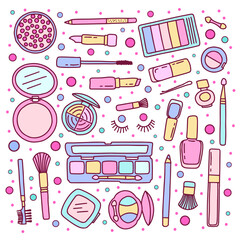 Doodle illustration with cosmetics symbols. Cute vector art.