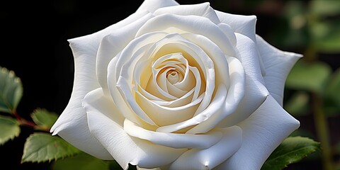 Eternal beauty. Captivating fresh white rose on black background. Whispers of love. Delicate blossom