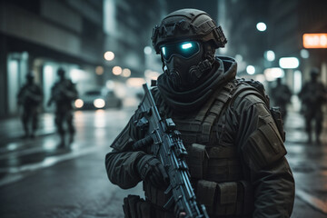 Army soilder who wear black tactical closes with a nocturn vision. AI Generative	