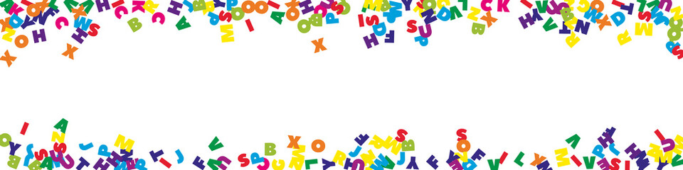 Falling letters of English language. Colorful flying words of Latin alphabet. Foreign languages study concept. Fine back to school banner on white background.