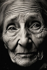 An elderly woman, her face etched with lines of wisdom and experience.