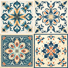 Set of four vector seamless patterns in retro style. Colorful floral and flower backgrounds.