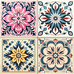 Set of four vector seamless patterns in retro style. Colorful floral and flower backgrounds.