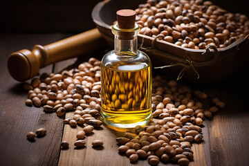 A transparent bottle of castor oil sits amongst scattered castor beans, hinting at its organic origins and benefits