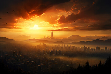 Aerial panoramic view of modern city tower and mountain at golden hour