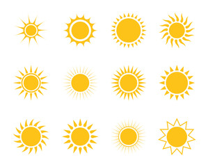 Sun icon set. Yellow sun star symbol collection isolated on white background. Sunlight, summer time, nature, sky, weather forecast. Easily editable vector stock illustration.