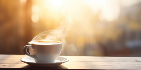 Cup of Coffee on a wooden Table on a Autumn blurred Background Outdoor, Copy space. Coffee in Cafe - Powered by Adobe