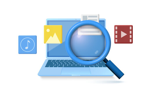 Search video images and documents using a magnifier on a laptop. Vector realistic 3d illustration.