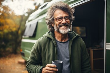 Active old happy hipster man standing near an RV camper van on vacation. Mature travelers looking away enjoying the view, holding drinking coffee waking