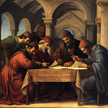 Old painting of scribes and rabbis copying the Holy Scriptures in Constantinople Generative AI Illustration