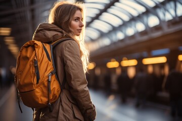 Beautiful girl tourist with backpack and suitcase waiting for train at train station travel travel leisure tourism