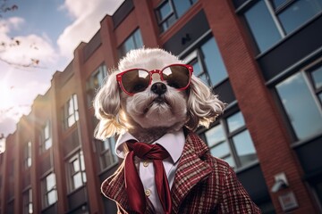 pet fashion portrait on urban city street, cute dog wearing suit with necktie gentleman looks , Generative Ai