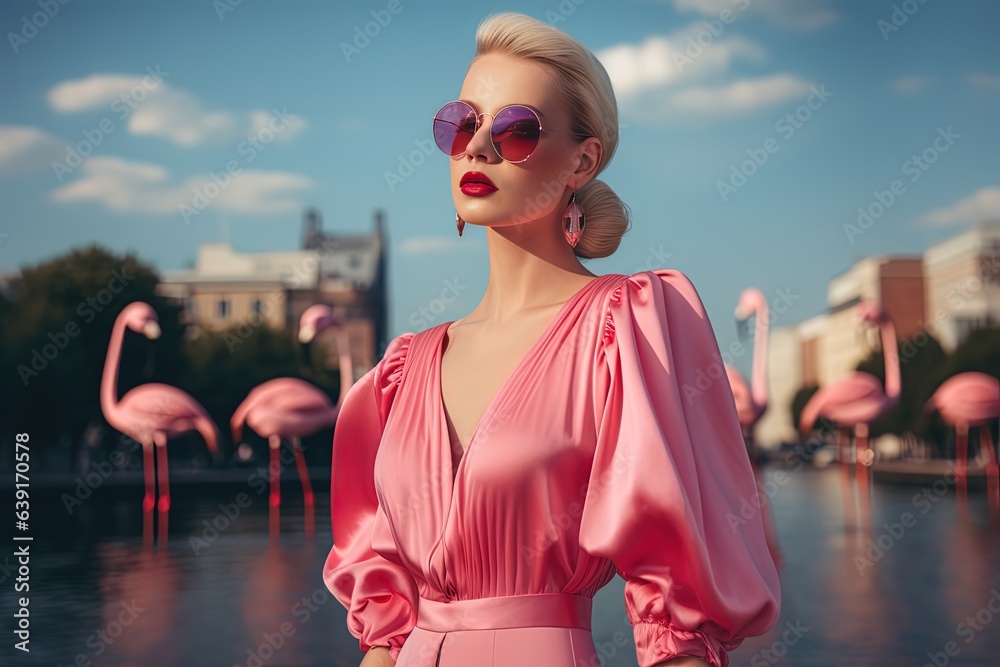 Wall mural artistic woman street fashion portrait, woman wearing pink dress walking among flamingo bird flock a