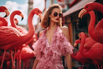 artistic woman street fashion portrait, woman wearing pink dress walking among flamingo bird flock at urban city street, Generative Ai