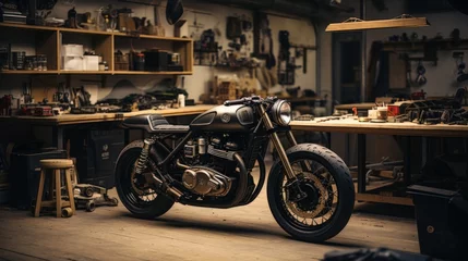 Wall murals Bike Customize an Old School Cafe Racer motorcycle in a home workshop.