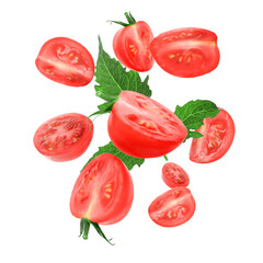 Many fresh ripe tomatoes falling on white background