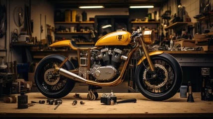 Foto auf Acrylglas Motorrad Customize an Old School Cafe Racer motorcycle in a home workshop.