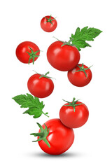 Many fresh ripe tomatoes and green leaves falling on white background