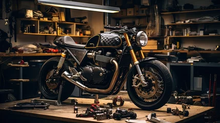Fotobehang Motorfiets Customize an Old School Cafe Racer motorcycle in a home workshop.
