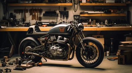 Cercles muraux Moto Customize an Old School Cafe Racer motorcycle in a home workshop.