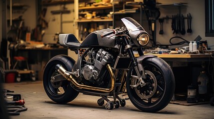 Customize an Old School Cafe Racer motorcycle in a home workshop. - obrazy, fototapety, plakaty