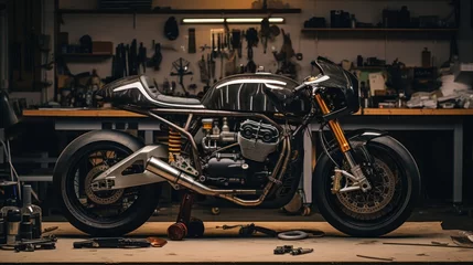 Fototapeten Customize an Old School Cafe Racer motorcycle in a home workshop. © sirisakboakaew