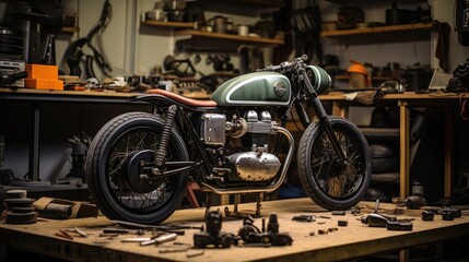 Fototapeta premium Customize an Old School Cafe Racer motorcycle in a home workshop.