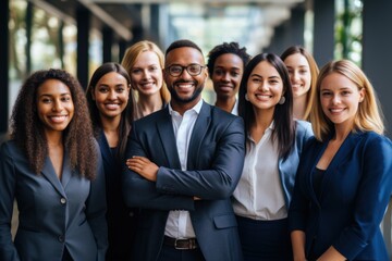 Fototapeta premium Happy diverse business team standing together in office International young professional smiling corporate employee with senior leaders looking at camera