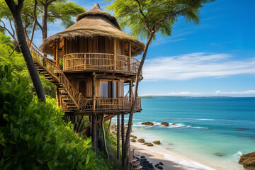 Blending seamlessly with nature, a bamboo treehouse stands tall on a tranquil beach, the endless sea providing a majestic backdrop
