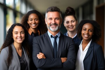 Happy diverse business team standing together in office International young professional smiling corporate employee with senior leaders looking at camera