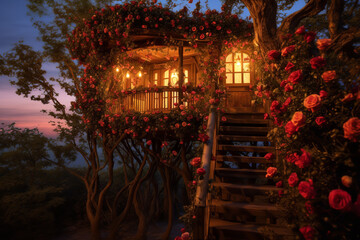 Evoking timeless romance, a secluded treehouse comes alive under the gentle glow of candles, surrounded by scattered roses