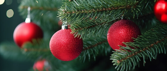 Fototapeta na wymiar Christmas and New Year Festivity Red Balls on Winter Snow Background