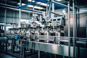 Factory for the production of beer. Brewery conveyor with glass beer drink alcohol bottles, modern production line. Blurred background. Modern production for bottling drinks. Selective focus.