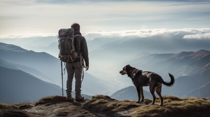 Mountain hiker with dog. Beautiful illustration picture. Generative AI