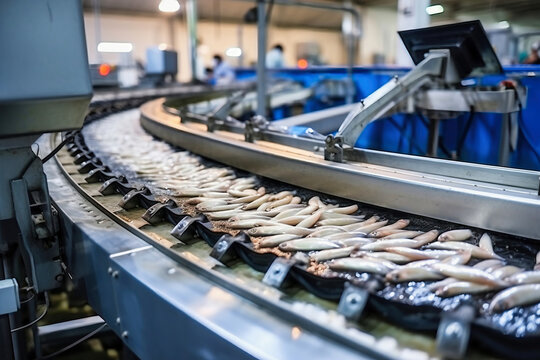 Fish processing plant. Production Line. Raw sea fish on a factory conveyor. Production of canned fish. modern food industry.