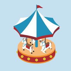 アイソメトリック_かわいい白い馬のメリーゴーランド