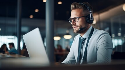 Office worker in headphones, call center. Beautiful illustration picture. Generative AI