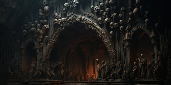 scary hellish ancient passage way with creepy monster creature, Generative ai