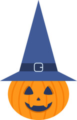 Halloween pumpkin with blue hat. Flat illustration.