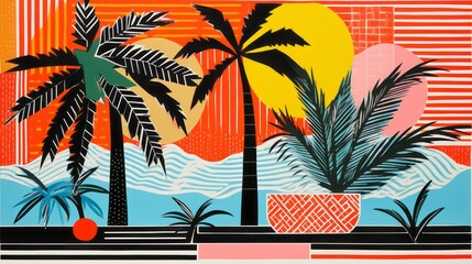 Palm tree on a small island, abstract art. Beautiful illustration picture. Generative AI