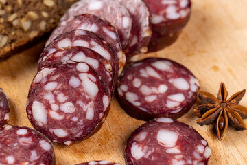 sliced high-quality pork sausage with the addition of lard pieces